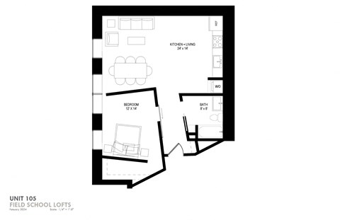 Floor plan for 1 bed, 1 bath, 710 sqft